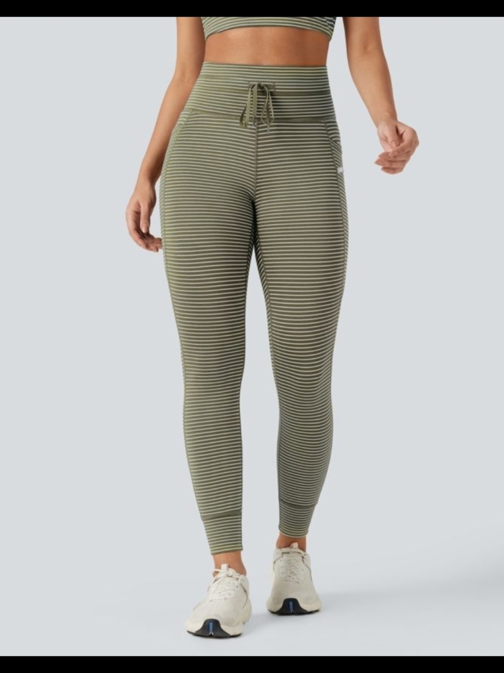 Striped Yoga High-Waist Dressing Olive Leggings With Pockets